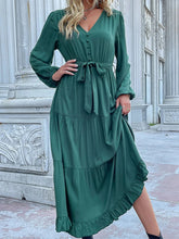 Ruffled Hem V-Neck Balloon Sleeve Dress